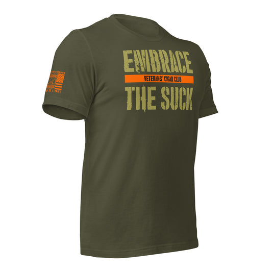 Military Green Embrace the Suck T-Shirt, right-front product mockup