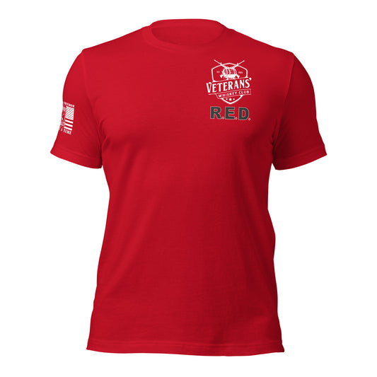 VWC R.E.D. on Red T-Shirt in Red, front product mockup