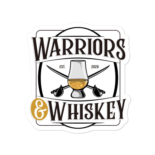 Warriors & Whiskey Bubble-free stickers, 4 by 4 inch vinyl sticker product mockup