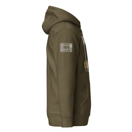 Military Green Warriors & Whiskey Hoodie, right-side product mockup