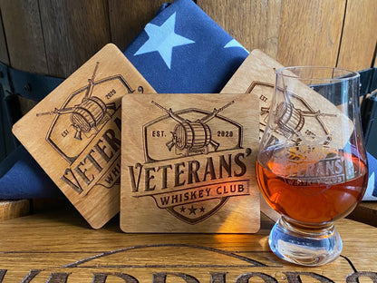 Warriors & Whiskey and Veterans’ Whiskey Club slate and wood coasters