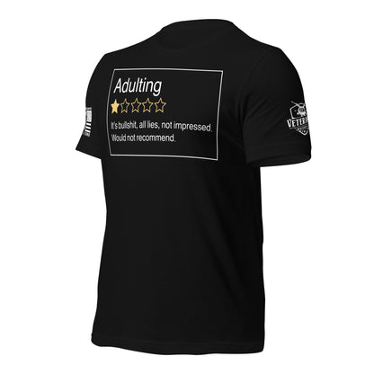 Adulting. One Star. Do Not Recommend. T-Shirt in Black Left, front view product mockup