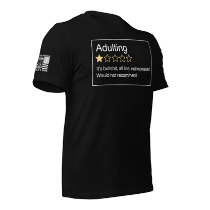 Adulting. One Star. Do Not Recommend. T-Shirt in Black Right, front view product mockup