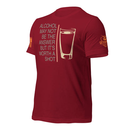 Worth a Shot T-Shirt, Cardinal Left shirt front product mockup