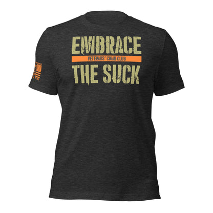 Dark Grey Heather Embrace the Suck T-Shirt, front product mockup