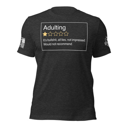 Adulting. One Star. Do Not Recommend. T-Shirt in Dark Grey Heather, front view product mockup