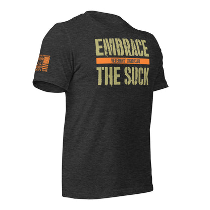Dark Grey Heather Embrace the Suck T-Shirt, right-front product mockup