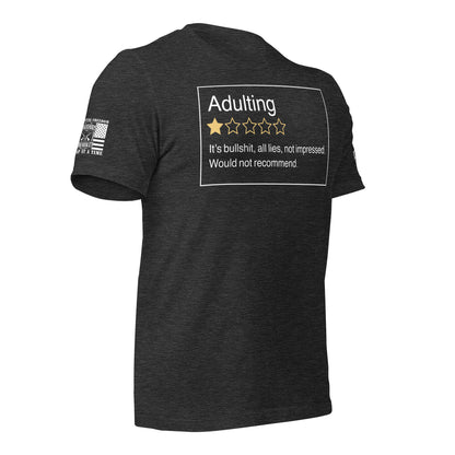 Adulting. One Star. Do Not Recommend. T-Shirt in Dark Grey Heather Right, front view product mockup