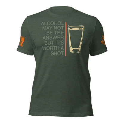Worth a Shot T-Shirt, Heather Forest shirt front product mockup