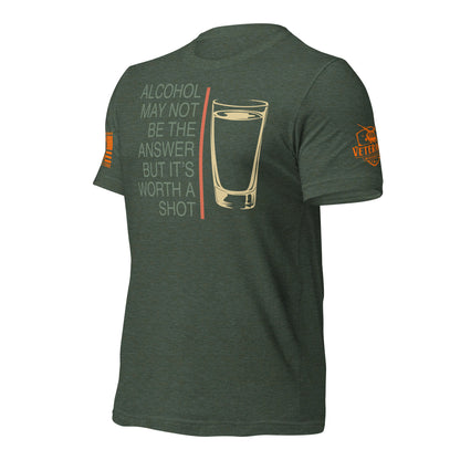 Worth a Shot T-Shirt, Heather Forest Left shirt front product mockup