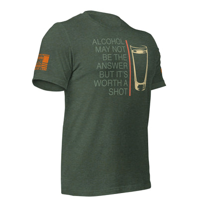 Worth a Shot T-Shirt, Heather Forest Right shirt front product mockup
