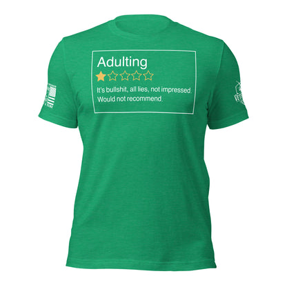 Adulting. One Star. Do Not Recommend. T-Shirt in Heather Kelly, front view product mockup