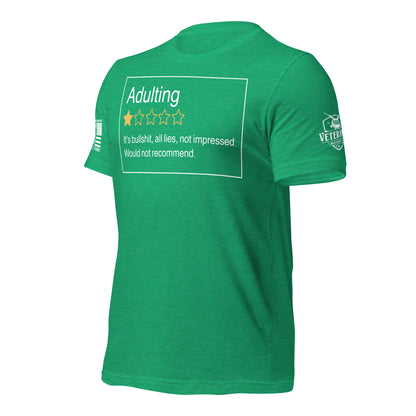 Adulting. One Star. Do Not Recommend. T-Shirt in Heather Kelly Left, front view product mockup