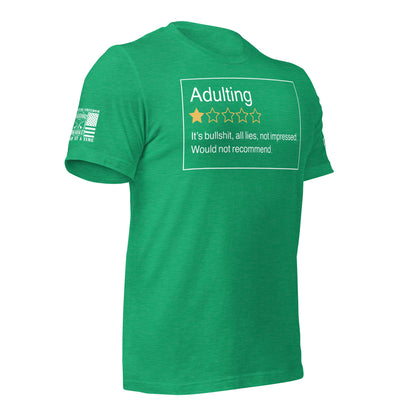 Adulting. One Star. Do Not Recommend. T-Shirt in Heather Kelly Right, front view product mockup