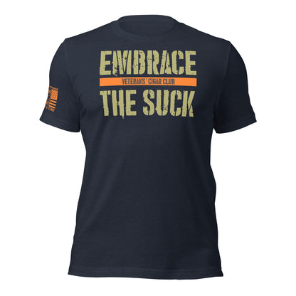 Heather Navy Embrace the Suck T-Shirt, front product mockup