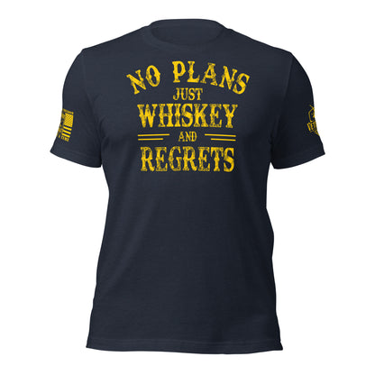 No Plans. Just Whiskey and Regrets. T-Shirt in Heather Navy, front view product mockup