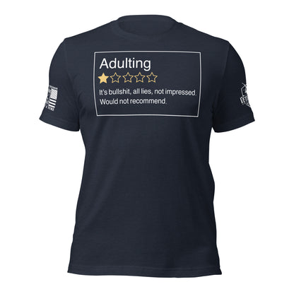 Adulting. One Star. Do Not Recommend. T-Shirt in Heather Navy, front view product mockup