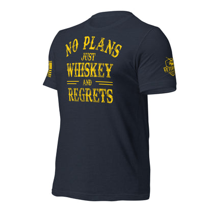 No Plans. Just Whiskey and Regrets. T-Shirt in Heather Navy Left, front view product mockup