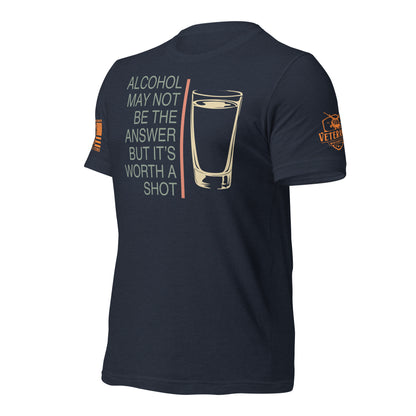 Worth a Shot T-Shirt, Heather Navy Left shirt front product mockup