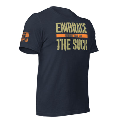 Heather Navy Embrace the Suck T-Shirt, right-front product mockup