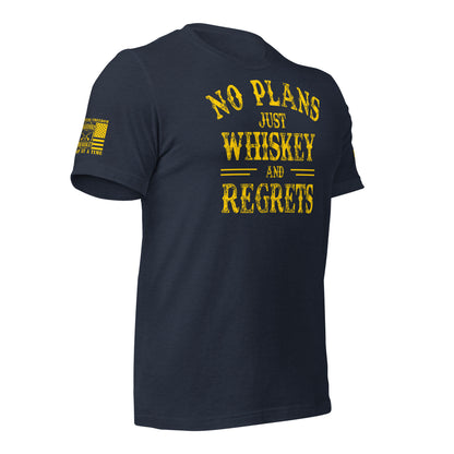 No Plans. Just Whiskey and Regrets. T-Shirt in Heather Navy Right, front view product mockup