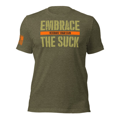 Heather Olive Embrace the Suck T-Shirt, front product mockup