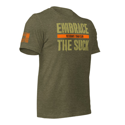 Heather Olive Embrace the Suck T-Shirt, right-front product mockup
