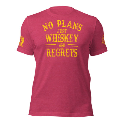 No Plans. Just Whiskey and Regrets. T-Shirt in Heather Raspberry, front view product mockup