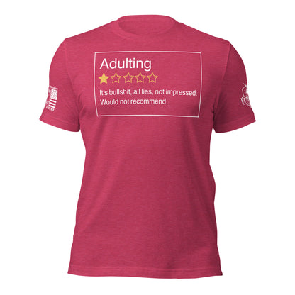Adulting. One Star. Do Not Recommend. T-Shirt in Heather Raspberry, front view product mockup