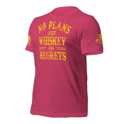 No Plans. Just Whiskey and Regrets. T-Shirt in Heather Raspberry Left, front view product mockup