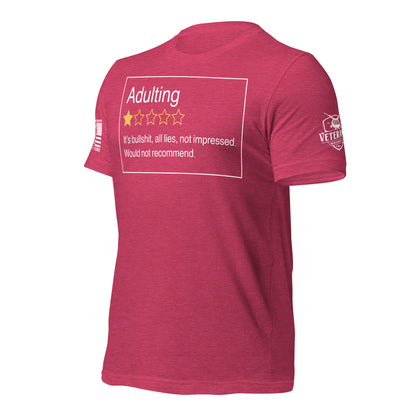 Adulting. One Star. Do Not Recommend. T-Shirt in Heather Raspberry Left, front view product mockup