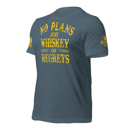 No Plans. Just Whiskey and Regrets. T-Shirt in Heather Slate Left, front view product mockup
