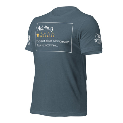 Adulting. One Star. Do Not Recommend. T-Shirt in Heather Slate Left, front view product mockup
