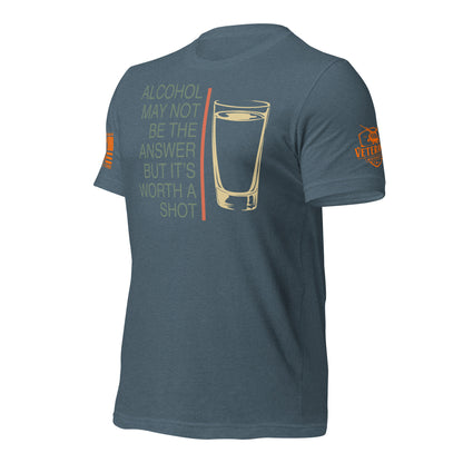 Worth a Shot T-Shirt, Heather Slate Left shirt front product mockup