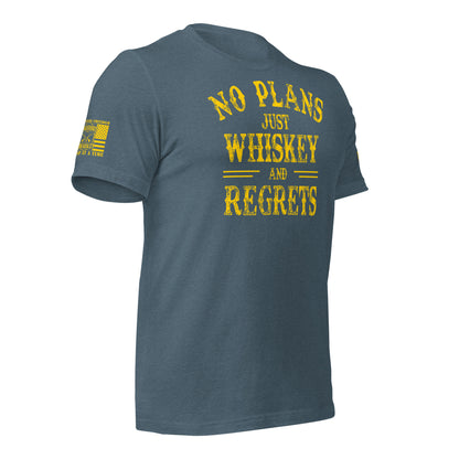 No Plans. Just Whiskey and Regrets. T-Shirt in Heather Slate Right, front view product mockup