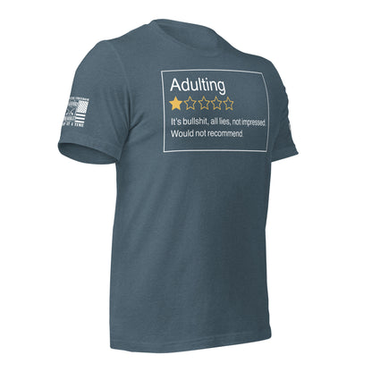 Adulting. One Star. Do Not Recommend. T-Shirt in Heather Slate Right, front view product mockup