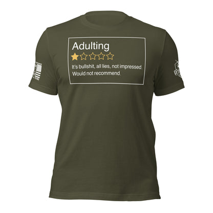 Adulting. One Star. Do Not Recommend. T-Shirt in Military Green, front view product mockup