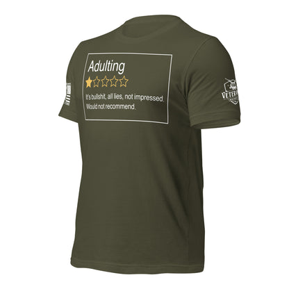Adulting. One Star. Do Not Recommend. T-Shirt in Military Green Left, front view product mockup