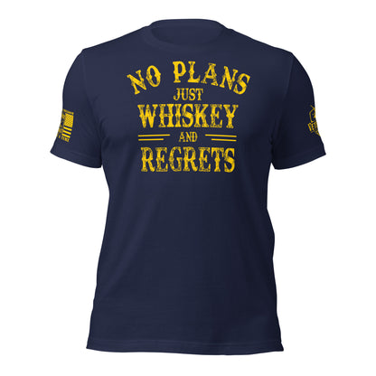 No Plans. Just Whiskey and Regrets. T-Shirt in Navy, front view product mockup