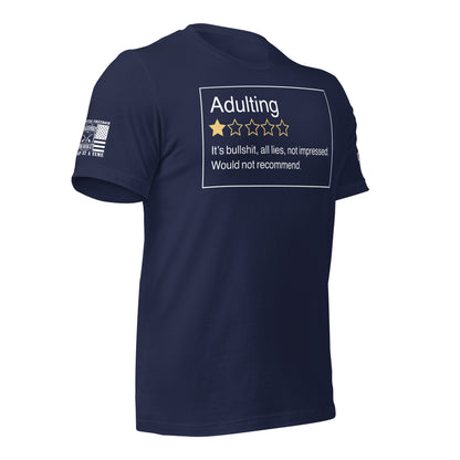 Adulting. One Star. Do Not Recommend. T-Shirt in Navy Right, front view product mockup