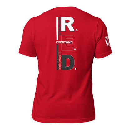 VWC R.E.D. on Red T-Shirt in Red, back product mockup