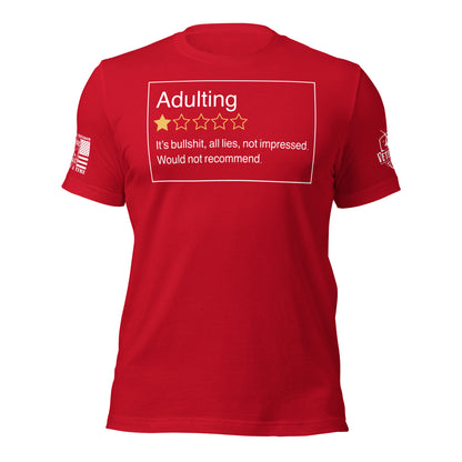 Adulting. One Star. Do Not Recommend. T-Shirt in Red, front view product mockup