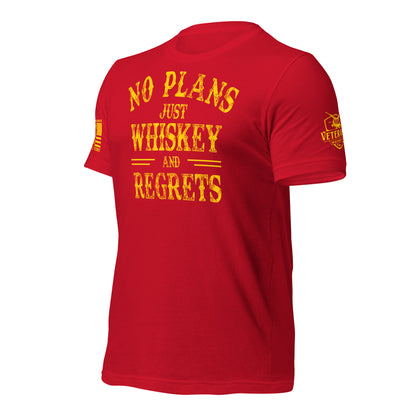 No Plans. Just Whiskey and Regrets. T-Shirt in Red Left, front view product mockup
