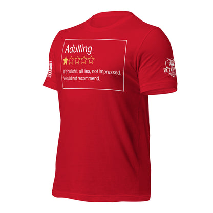 Adulting. One Star. Do Not Recommend. T-Shirt in Red Left, front view product mockup
