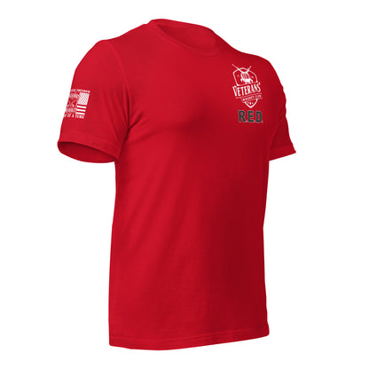 VWC R.E.D. on Red T-Shirt in Red Right, front product mockup