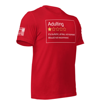 Adulting. One Star. Do Not Recommend. T-Shirt in Red Right, front view product mockup