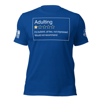 Adulting. One Star. Do Not Recommend. T-Shirt in True Royal, front view product mockup