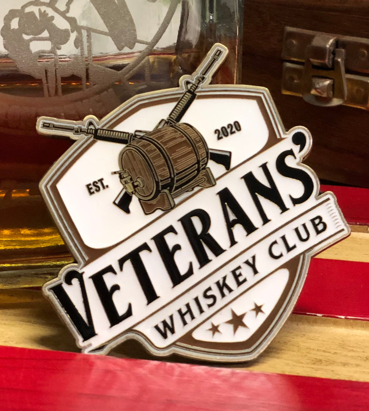 Veterans’ Whiskey Club challenge coin with W&W branding