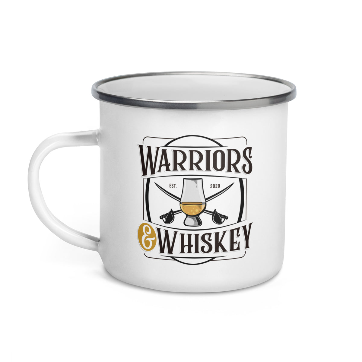 White Warriors & Whiskey enamel mug, left product view