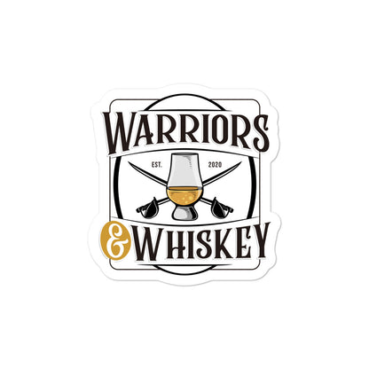 Warriors & Whiskey Bubble-free stickers, 3 by 3 inch vinyl sticker product mockup